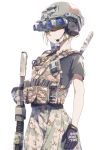  1girl absurdres assault_rifle blonde_hair camouflage chengcheng2b chinese_commentary commentary_request gloves gun headset helmet highres holding holding_gun holding_weapon load_bearing_vest magazine_(weapon) original rifle scissors shirt solo t-shirt weapon white_background 