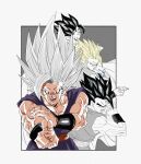  1boy absurdres black_eyes black_hair blonde_hair cowboy_shot dougi dragon_ball dragon_ball_super dragon_ball_super_super_hero fenyon glasses gohan_beast green_eyes grey_hair halftone highres long_hair makankousappou male_focus muscular muscular_male pants partially_colored potential_unleashed progression purple_pants purple_shirt red_eyes red_sash sash shirt short_hair son_gohan spiked_hair super_saiyan 