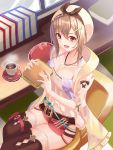  1girl absurdres atelier_(series) atelier_ryza bangs belt belt_buckle book boots breasts brown_eyes brown_hair buckle chair cleavage coffee collarbone cup6542 desk food hat highres indoors jewelry looking_at_viewer medium_breasts necklace open_mouth plate red_shorts reisalin_stout round-bottom_flask sandwich short_hair short_shorts shorts sideboob sidelocks smile spoon star star_necklace thick_thighs thigh_boots thighhighs thighs white_headwear white_legwear window 