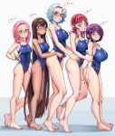  5girls absurdres bandaid bandaid_on_cheek bandaid_on_face barefoot black_nails blue_eyes blue_hair blue_one-piece_swimsuit blush body_freckles braid breasts brown_hair charlotte_(dilan_griz) choppy_bangs cleavage closed_mouth collarbone commentary dark-skinned_female dark_skin dilan_griz double-parted_bangs ear_piercing english_commentary erika_(dilan_griz) eyebrow_piercing face_piercing fox_shadow_puppet freckles full_body glasses grabbing_another's_arm gradient_hair green_eyes grin hair_between_eyes hair_over_one_eye hand_on_another's_arm hand_on_another's_hip height_chart height_difference highres julieth_(dilan_griz) kat_(dilan_griz) large_breasts lineup long_hair looking_at_another looking_at_viewer looking_up medium_breasts medium_hair multicolored_hair multiple_girls nail_polish one-piece_swimsuit one_eye_covered orange_eyes original parted_bangs parted_hair parted_lips piercing pink_hair purple_eyes purple_hair queen_(dilan_griz) raised_eyebrow red_eyes red_hair round_eyewear short_hair simple_background smile standing swimsuit thigh_freckles toenail_polish toenails toes twin_braids very_long_hair white_background white_hair 