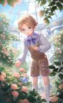  1boy artist_request blonde_hair blue_butterfly blue_eyes blue_sky bow bowtie bright_pupils brooch brown-framed_eyewear brown_overalls bug bush butterfly capelet child cloud day dot_nose eyelashes feet_out_of_frame flower flower_brooch frilled_capelet frilled_sleeves frills game_cg glasses greenhouse hand_on_own_chest happy highres indoors jewelry kneehighs knees leaning_forward light_particles long_sleeves looking_at_flowers male_focus nikki_(series) official_art open_mouth overalls pink_flower pink_rose pocket puffy_long_sleeves puffy_sleeves purple_bow purple_bowtie purple_capelet purple_flower purple_rose rose round_eyewear scissors shining_nikki shirt short_hair sky smile socks solo spiral_staircase stairs standing sunlight tareme teeth tree upper_teeth_only white_pupils white_shirt white_socks william_(shining_nikki) 