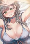  1girl absurdres babydoll bed_sheet blue_babydoll blue_choker breasts choker cleavage commentary green_eyes grey_hair grin hair_ornament hairclip highres hololive huge_breasts kumarang long_hair looking_at_viewer lying official_alternate_costume official_alternate_hairstyle on_back parallel_hairclips parted_bangs ribbon_choker shirogane_noel shirogane_noel_(9th_costume) smile solo virtual_youtuber 