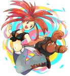  1girl :d asuna_(pokemon) bangs belt bound breasts cleavage collarbone eyebrows_visible_through_hair floating_hair gen_3_pokemon grey_pants groin long_hair medium_breasts midriff navel open_mouth pants parted_bangs pokemon pokemon_(creature) pokemon_(game) pokemon_oras popcorn_91 red_eyes red_hair smile stomach tied_up torkoal very_long_hair white_background white_belt 