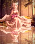  2018 anthro breasts clothed clothing digital_media_(artwork) equid eri-yo eyes_closed female flower forest hair hi_res holding_flower holding_object horn lake light mammal moonbittergoddess_(character) outside plant reflection sitting solo sunlight tree water winged_unicorn wings 