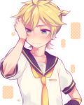  1boy aoi_choko_(aoichoco) bangs bass_clef black_collar blonde_hair blue_eyes blush collar collarbone detached_sleeves embarrassed hand_on_own_head hand_up highres kagamine_len looking_down male_focus necktie ponytail sailor_collar school_uniform short_hair short_ponytail short_sleeves solo vocaloid yellow_neckwear 