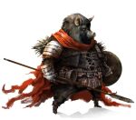  1boy alexandre_chaudret animal_ears armor cape full_body furry holding holding_shield horn_(instrument) original pig_boy pig_ears pig_snout polearm red_cape shield simple_background spear standing warthog weapon white_background 