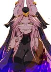  1girl animal_ears breasts fate/grand_order fate_(series) fox_ears glasses grin half-closed_eyes koyanskaya large_breasts long_hair looking_at_viewer nachisuke pink_hair smile solo very_long_hair yellow_eyes 