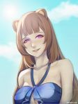  1girl :d absurdres animal_ears bangs bare_shoulders bikini blue_bikini blue_sky blunt_bangs breasts brown_hair cleavage day highres liya_nikorov long_hair looking_at_viewer medium_breasts open_mouth purple_eyes raccoon_ears raphtalia sky smile solo swimsuit tate_no_yuusha_no_nariagari upper_body 