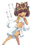  1girl aikurou ancient_egyptian animal_ears bare_arms barefoot cat_ears cat_girl dark-skinned_female dark_skin fang flat_chest foot_out_of_frame highres if_you_want_to_become_a_godly_artist_(trend) looking_at_viewer navel open_mouth red_eyes simple_background skin_fang solo stomach translation_request white_background 