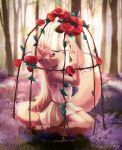  2018 anthro cage clothed clothing detailed_background digital_media_(artwork) eri-yo flower forest green_eyes hair hi_res kneeling outside pawpads pink_nose plant rose_(flower) solo tree unknown_species 