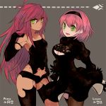  2girls breasts cleavage closed_mouth commentary_request cosplay dress faris_scherwiz final_fantasy final_fantasy_v green_eyes lenna_charlotte_tycoon long_hair looking_at_viewer medium_hair multiple_girls nier_(series) nier_automata open_mouth pink_hair siblings simple_background sisters smile sunagimo_(nagimo) yorha_no._2_type_b yorha_no._2_type_b_(cosplay) yorha_type_a_no._2 yorha_type_a_no._2_(cosplay) 
