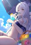  1girl beach_chair bikini blue_sky blush breasts caren_hortensia caren_hortensia_(angel_heart) chair cleavage cloud commentary_request cup drinking drinking_straw fate/grand_order fate_(series) highres holding holding_cup long_hair looking_at_viewer medium_breasts navel notonaon ocean official_alternate_costume outdoors parasol sitting sky solo stomach sweat swimsuit umbrella water white_hair yellow_eyes 