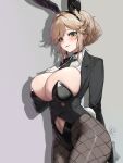  1girl absurdres ade_(agent_bunny)_(nikke) ade_(nikke) animal_ear_hairband animal_ears between_breasts black_leotard braid breasts bun_with_braided_base clothing_cutout clover_pin fake_animal_ears fishnet_pantyhose fishnets goddess_of_victory:_nikke hairband highres leotard medium_sidelocks navel_cutout necktie necktie_between_breasts official_alternate_costume pantyhose playboy_bunny rabbit_ear_hairband rabbit_ears sagle solo 