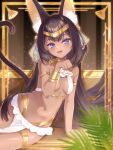  1girl :d absurdres ancient_egyptian ancient_egyptian_clothes animal_ears arm_support bare_shoulders black_hair blue_eyes bow bracelet breasts brown_hair cat_ears cat_girl cat_tail dark-skinned_female dark_skin embroidery extra_ears fang gold_armlet gold_bow gold_bracelet gold_collar gold_hairband gold_thighlet hair_bow hairband highres if_you_want_to_become_a_godly_artist_(trend) indoors jewelry long_hair looking_at_viewer lying navel negitail31 on_side open_mouth original paw_pose pelvic_curtain purple_eyes see-through_ribbon sling_bikini_top small_breasts smile solo stomach tail usekh_collar very_long_hair 