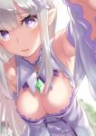  1girl absurdres arm_up armpits bangs blunt_bangs blurry braid breasts cleavage commentary_request crown_braid depth_of_field detached_sleeves elf emilia_(re:zero) flower french_braid frilled_sleeves frills hair_flower hair_ornament hair_ribbon highres kizibato123go large_breasts lavender_hair leaning_forward lips long_hair looking_at_viewer low-tied_long_hair out_of_frame pointy_ears princess_connect! princess_connect!_re:dive purple_eyes purple_ribbon re:zero_kara_hajimeru_isekai_seikatsu ribbon rose solo sweatdrop white_flower white_rose wide_sleeves x_hair_ornament 