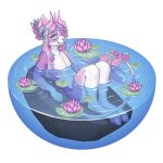  1:1 anthro blue_eyes bovid casual_nudity digitigrade equid equine eyelashes flower flower_in_hair fur girly hair hooves hybrid lily_pad long_eyelashes long_hair male mammal nude pink_fur pink_hair plant sitting solo tail_tuft tuft water wolf-nymph 