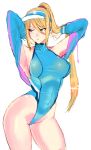  1girl armpits arms_up blonde_hair blue_swimsuit commentary_request green_eyes hair_between_eyes jacket jacket_over_swimsuit looking_away metroid mole mole_under_mouth one-piece_swimsuit panzer ponytail samus_aran sketch solo swimsuit visor_cap white_background 