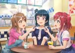  :d aqua_eyes artist_name bangs blue_hair bow brown_hair chair collarbone commentary_request cup denim eating eyebrows_visible_through_hair fan feeding flustered food hair_bow highres holding holding_cup ice_cream ice_cream_cup ice_cream_float ice_cream_spoon indoors kunikida_hanamaru kurosawa_ruby leaning_back long_hair love_live! love_live!_sunshine!! menu_board open_mouth overalls pink_shirt poster_(object) raised_eyebrows red_eyes red_hair restaurant sailor_collar shamakho shirt short_sleeves side_bun signature sitting skirt smile spoon suspender_skirt suspenders table tsushima_yoshiko two_side_up white_bow white_shirt yellow_eyes 