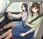  2girls :d black_eyes black_hair blue_skirt brown_eyes brown_hair car_interior collared_shirt commission green_shirt high_heels highres legs long_hair multiple_girls office_lady open_mouth original pencil_skirt pink_shoes pixiv_commission seatbelt setu_kurokawa shirt shoes sitting skirt smile steering_wheel tongue white_shirt 