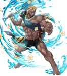  1boy alternate_costume barefoot chest dark_skin fire_emblem fire_emblem_heroes flower full_body helbindi_(fire_emblem_heroes) highres horn_ornament jewelry leaf male_focus multicolored_hair necklace official_art open_mouth orange_hair red_eyes scar shovel solo swimsuit teeth transparent_background two-tone_hair water white_hair 