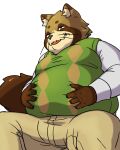  2019 absurd_res anthro bottomwear brown_fur canid canine clothing fur green_eyes hi_res kemono male mammal overweight overweight_male pants raccoon_dog sakusan_kc shirt simple_background sitting solo tanuki tenugui topwear white_background 