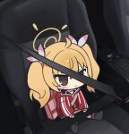  1girl 5uj0 ahoge blonde_hair blue_archive brown_eyes car_interior chibi closed_mouth full_body halo highres jacket no_shoes red_jacket seatbelt sitting solo track_jacket twintails yellow_halo yoshimi_(blue_archive) 