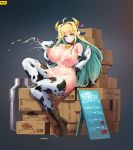  1girl absurdres amssc animal_ears animal_print bell bell_choker blonde_hair blush box breasts cardboard_box choker cow_bell cow_ears cow_horns cow_print ear_tag elbow_gloves elf gloves green_hair highres horns lactation large_breasts last_origin licking_lips long_hair looking_at_viewer multicolored_hair navel nipples pointy_ears smile solo symbol-shaped_pupils thighhighs tongue tongue_out two-tone_hair 