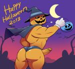  2018 anthro butt elfein flora_fauna food fruit halloween holidays humanoid male open_mouth penis plant pumpkin smile solo 