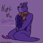 1:1 absurd_res andromorph anthro antlers apathetic blood bodily_fluids broken_antler canid canine canis deer domestic_dog drooling hi_res hooves horizontal_pupils horn hyena inhabitedartist intersex kneeling korri_(inhabitedartist) mammal pupils purple_body saliva scarf self-harm solo_focus text vent_art wounded