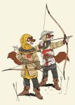 anthro arrow_(weapon) belt bow_(weapon) brown_body brown_fur chainmail clothing duo england flag flag_clothing fur gloves handwear hi_res male male/male mawkvlt medieval medieval_armor medieval_clothing medieval_fantasy military open_mouth ranged_weapon tail teeth teeth_showing tongue weapon white_body white_fur