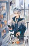  1boy alternate_costume artist_request black_pants blue_eyes cellphone character_doll closed_mouth commentary cup_ramen doll english_commentary grocery_store guest_art hair_between_eyes highres holding holding_phone honkai_(series) honkai_impact_3rd hood hood_down hooded_jacket indoors jacket kevin_kaslana kevin_kaslana_(diabolic) long_sleeves looking_at_phone male_focus pants phone shopping_cart short_hair smartphone solo 