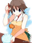 1girl apron blue_eyes bowl brown_hair commentary_request cowboy_shot flipped_hair green_skirt hairband hiei_(kantai_collection) kanoe_soushi kantai_collection ladle orange_apron plaid short_hair skirt sleeveless smile solo tongue tongue_out twitter_username 