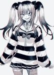  1girl amemiya_darumi arms_at_sides ben-day_dots bow choker commentary_request facial_mark greyscale grin hair_bow heart heart_facial_mark highres long_hair looking_at_viewer makeup miniskirt monochrome multicolored_hair roots_(hair) runny_makeup safety_pin sailor_collar screentones sgawarananto simple_background skirt smile solo striped_clothes the_hundred_line_-last_defense_academy- thighhighs twintails 