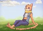  anthro bottomwear buizel clothing cloud coffeefly feet female grass looking_up nintendo pants pok&eacute;mon pok&eacute;mon_(species) purple_eyes shirt sitting sky solo topwear vest video_games 