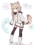  1girl :d animal_ears black_legwear blue_eyes bone_print boots commentary_request fang full_body hair_ornament hairclip highres hood hood_down hoodie light_brown_hair long_hair long_sleeves open_mouth original paw_print reitou_mikan simple_background smile tail translation_request white_background 