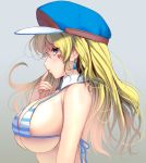  1girl bikini blonde_hair blue_eyes blush breasts cabbie_hat detached_collar earrings finger_to_mouth hat heart highres huge_breasts jewelry lips long_hair looking_at_viewer masao open_mouth original profile simple_background solo striped striped_bikini swimsuit tattoo underboob upper_body white_background 