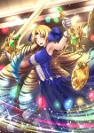  1girl adsouto astraea_(fate/grand_order) big_hair blonde_hair blue_hair bow breasts dress drill_hair fate/grand_order fate/hollow_ataraxia fate_(series) flower gem gradient_hair hair_bow hair_ornament hair_ribbon highres holding holding_sword holding_weapon jewelry large_breasts long_hair looking_at_viewer luviagelita_edelfelt multicolored_hair open_mouth ribbon ringlets skirt skirt_set smile solo sword thighhighs weapon yellow_eyes 