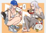  1girl absurdres ayase_seiko backpack bag blue_hat breasts cat chopsticks commentary dandadan denim denim_shorts feet food glasses hat highres long_hair mature_female mikey_pie noodles semi-rimless_eyewear serpo_(dandadan) shorts speech_bubble sweat toes turbo_granny_(dandadan) white_hair 
