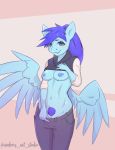  anchors_art_studio anthro areola athro biped blue_areola blue_eyebrows blue_eyes blue_feathers blue_fur blue_hair blue_nipples blue_wings bottomwear breasts clothed clothing crotch_tuft digital_media_(artwork) equid equine eyebrows eyelashes feathered_wings feathers female flashing fur hair long_hair looking_at_viewer mammal my_little_pony nipples oneofyouare pants partially_clothed ponytail portrait pterippus pussy shirt solo three-quarter_portrait topwear wings 