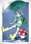  1girl 1other animal_hood backpack bag blue_hair boots border commentary frog_hood green_bag green_shirt green_shorts highres holding holding_leaf hood infinityokaka leaf mushroom original outside_border puddle rubber_boots shirt shoe_soles short_hair shorts water_drop white_border yellow_boots 