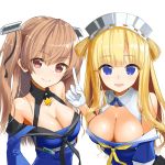  2girls blonde_hair blue_eyes blue_shirt blush breasts brown_eyes cleavage closed_mouth double_bun eyebrows_visible_through_hair fletcher_(kantai_collection) gloves hair_between_eyes headgear highres johnston_(kantai_collection) kantai_collection kuronaga large_breasts light_brown_hair long_hair looking_at_viewer medium_breasts multiple_girls neckerchief off_shoulder open_mouth sailor_collar school_uniform serafuku shirt simple_background smile two_side_up us_medal_of_honor white_background white_gloves white_sailor_collar yellow_neckwear 