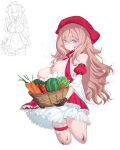  1girl absurdres bare_shoulders basket blue_eyes blush breasts brown_gloves brown_hair carrot closed_mouth commentary cropped_legs crossed_bangs dirty dot_mouth double-parted_bangs dress english_commentary food frilled_dress frilled_thigh_strap frills gloves hair_between_eyes hat highres holding holding_basket large_breasts long_hair looking_at_viewer multiple_views original rayno red_dress red_hat simple_background solo_focus sweat thigh_strap vegetable white_background 
