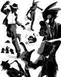  3boys animal_ears black_hat black_necktie black_pants black_shoes bow cat cat_mike_(deltarune) commentary deltarune emi_wan_(ptekv9bikhi) hat highres holding holding_instrument holding_saxophone instrument jacket male_focus multiple_boys multiple_views necktie notice_lines open_clothes open_jacket pants pointy_nose rabbit_ears red_bow saxophone shadow shadowguy_(deltarune) shirt shirt_tucked_in shoes smile socks symbol-only_commentary utdr_(toby_fox) white_background white_shirt white_socks yarn yarn_ball 