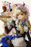  &gt;_&lt; 1girl apron arknights blonde_hair bow bowtie colored_extremities dragon_bubble_(arknights) dragon_girl dragon_horns earrings eastern_dragon_horns eyeliner food gloves gradient_hair highres holding holding_plate horns jewelry ketchup ketchup_bottle long_hair looking_at_viewer maid maid_apron maid_headdress makeup multicolored_hair omelet omurice orange_eyeliner plate red_pupils shu_(arknights) smile solo stuffed_animal stuffed_toy tassel tassel_earrings white_hair white_wrist_cuffs wrist_cuffs xu0_3_0 yellow_gloves yellow_hands 
