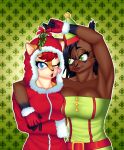  2018 accessory anthro big_breasts black_hair blow_kiss blue_eyes bra breast_squish breasts brown_fur chipmunk christmas clothed clothing digital_media_(artwork) duo felid feline female fur gloves green_eyes ground_squirrel hair handwear happy hat headgear headwear hi_res holidays infested-wraith looking_at_viewer lynx mammal mistletoe nicole_the_lynx open_mouth plant red_hair rodent sally_acorn santa_claus sciurid simple_background smile sonic_(series) squish underwear 