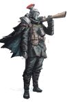  1boy absurdres armor artist_name black_cape black_pants black_shirt boots brown_boots cape commentary english_commentary franlol full_body gloves grey_gloves gun helmet highres holding holding_gun holding_weapon imperial_german_army knight long_sleeves male_focus original pants shirt shoulder_armor simple_background solo standing weapon white_background 