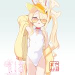  1girl animal_ear_fluff animal_ears arm_behind_head arm_up armpits ass_visible_through_thighs blonde_hair blue_archive blush breasts casual_one-piece_swimsuit choker collarbone commentary_request covered_navel cowboy_shot extra_ears flat_chest fox_ears fox_girl fox_tail gradient_background grey_background groin hair_over_one_eye halo highleg highleg_one-piece_swimsuit highres jacket long_hair long_sleeves looking_at_viewer mayafufu off_shoulder official_alternate_costume official_alternate_hairstyle one-piece_swimsuit open_clothes open_jacket open_mouth parted_lips pink-tinted_eyewear red_choker red_eyes seia_(blue_archive) seia_(swimsuit)_(blue_archive) side_ponytail sidelocks simple_background small_breasts solo sunglasses swimsuit tail thigh_gap tinted_eyewear twintails visor_cap white_background white_one-piece_swimsuit yellow-tinted_eyewear yellow_halo yellow_jacket 