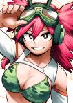  1girl absurdres arm_up bikini bikini_top_only body_freckles breasts bright_pupils brown_eyes camouflage camouflage_bikini cleavage detached_sleeves freckles goggles goggles_on_head green_bikini grin hair_between_eyes hand_on_goggles headphones highres horikoshi_kouhei_(style) large_breasts long_hair looking_at_viewer missing_tooth nifast_(greentail) original red_hair shoulder_freckles smile solo spiked_hair swimsuit two_side_up upper_body white_background white_pupils white_sleeves 