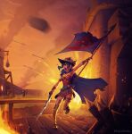  1girl absurdres angry archery armor armored_boots arrow_(projectile) bandaged_leg bandages barricade battle battlefield belt blue_hair boots breasts bridge cape castle catapult commentary commission dang_(runescape) debris duellist&#039;s_cap_(tier_6) english_commentary explosion fingerless_gloves flag full_body gladiator gloves glowing_hat gold_trim grass green_belt green_cape hair_between_eyes hat highres holding holding_flag holding_sword holding_weapon leotard long_hair medium_breasts mulebris old_school_runescape orange_eyes original poleyn red_leotard runescape second-party_source skirt smoke spiked_ear_piercing sun_symbol sword thick_eyebrows torn_cape torn_clothes war water weapon wizard wooden_bridge yellow_eyes 