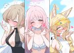  3girls ;o above-cleavage_cutout absurdres animal_ear_fluff animal_ears animal_on_shoulder bikini bird bird_on_shoulder black_one-piece_swimsuit blonde_hair blowing_kiss blue_archive blush breasts brown_hair casual_one-piece_swimsuit choker cleavage closed_eyes clothing_cutout collarbone column_lineup commentary_request ear_blush extra_ears flying_sweatdrops fox_ears frilled_bikini frills halo heart highres jacket jacket_partially_removed kugi_baketu large_breasts long_hair looking_at_viewer looking_over_eyewear mika_(blue_archive) mika_(swimsuit)_(blue_archive) multiple_girls nagisa_(blue_archive) nagisa_(swimsuit)_(blue_archive) nervous_sweating nose_blush official_alternate_costume one-piece_swimsuit one_eye_closed orange-tinted_eyewear outdoors pink_hair seia_(blue_archive) seia_(swimsuit)_(blue_archive) side_ponytail small_breasts straight_hair sweat swimsuit tea_party_(blue_archive) tinted_eyewear upper_body very_long_hair visor_cap white_bikini white_choker white_one-piece_swimsuit yellow_jacket 